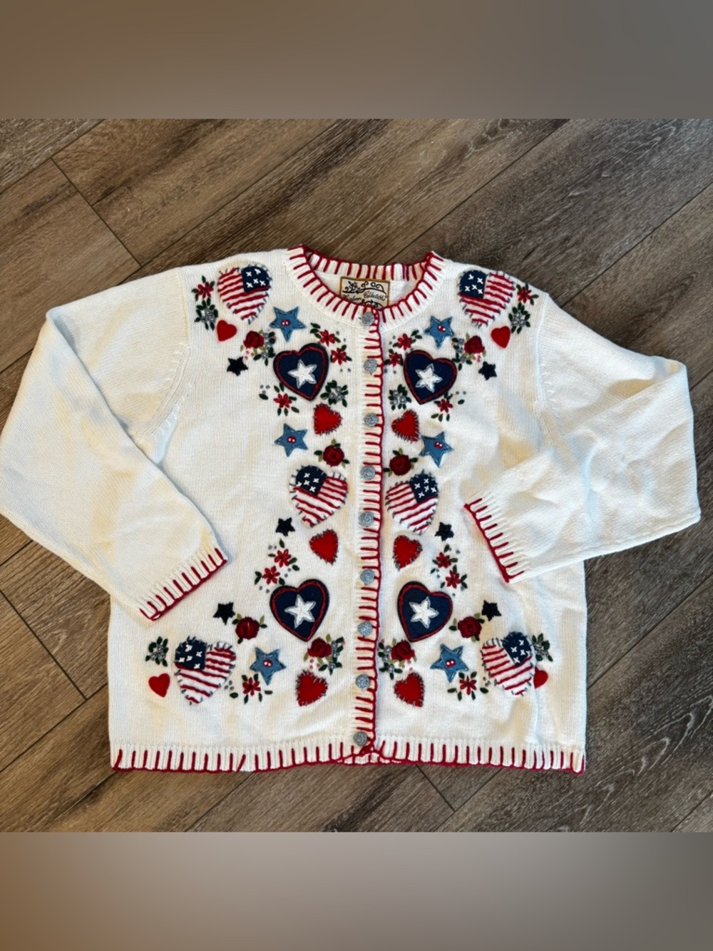 Americana Patriotic Heart Flag Embroidered Cardigan Sweater M 4th of July